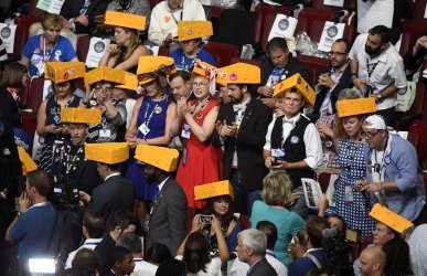 Wisconsin delegates wear "cheeseheads" at the DNC convention in Philadelphia