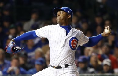 Cubs pitcher Chapman throws against the Indians during the ninth in World Series Game 3