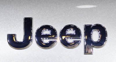 The logo for Jeep on display at the Chicago Auto Show