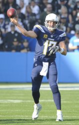 Chargers quarterback Philip Rivers throws a pass against the Raiders in Carson, California