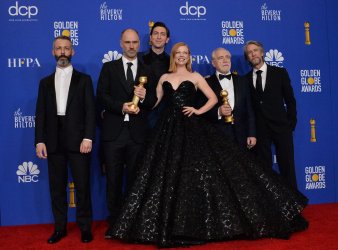 Nicholas Braun, Jeremy Strong, Sarah Snook, Brian Cox, and Alan Ruck appear backstage at the 77th Golden Globe Awards in Beverly Hills