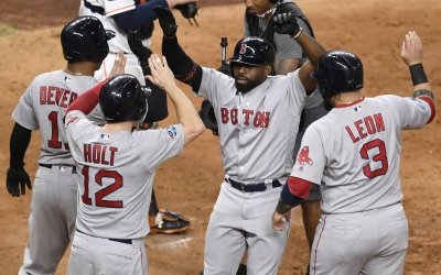 Red Sox Bradley, Jr. celebrates grand slam in the eighth inning in ALCS game three