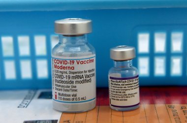 Vials Of Moderna and Pfizer BioNTech COVID-19 Vaccine Set In A Health Clinic In Jerusalem