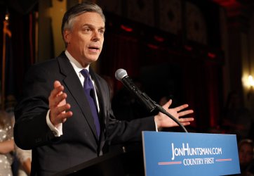 Jon Huntsman greets crowd at party on primary night in Manchester, New Hampshire.