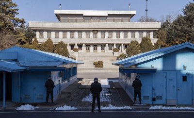 South Korean Soliders stand guard in the JSA at the Demilitarized Zone