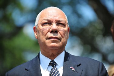 America's Promise Alliance founding chair Colin Powell and chair Alma Powel speak to the media in Washington