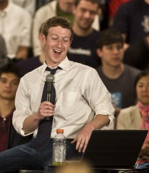 Facebook CEO Mark Zuckerberg  participates in an online "town hall"  at Facebook headquarters in Palo Alto, California