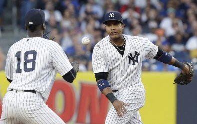 Yankees Starlin Castro flips the ball to Didi Gregorius