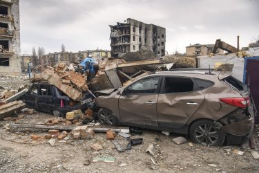 Destroyed  Buildings in The Town of Borodianka That Have Been Occupied by Russia's Troops.