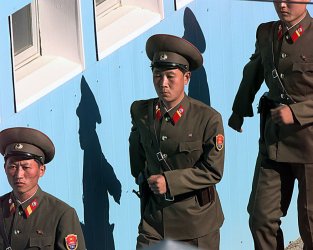 North Korean Soldiers March in Formation in Panmunjom