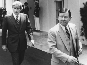 Senators John Warner and John Tower leave White House after meeting with President Reagan on the 1983 military budget