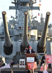 Donald Trump addresses supporters aboard the USS Iowa in San Pedro, California