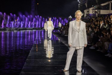 Pamela Anderson walks in the BOSS 2023 Fashion show at the Herald Plaza, Miami,Florida