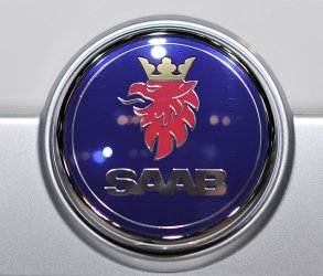 The logo for Saab on display at the Chicago Auto Show