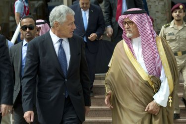 Secretary Of Defense Chuck Hagel meets with Saudi Arabia's Deputy Minister of Defense Prince Fahd bin Abdullah