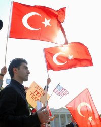 Kurdish protestors demonstrate as Turkey's Prime Minister visits Washington