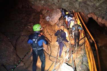 Members of the Royal Thai Navy Prepare to Rescue Soccer Team Trapped in Cave