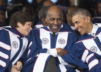 President Obama chats with Jarrett and Jordan prior to delivering the Commencement speech at Howard University.