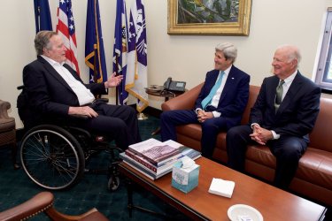 Former President George H.W. Bush meets with Secretaries of State Kerry and Baker