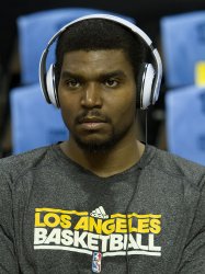 Lakers Bynum Wears Headphones During the NBA Western Conference Playoffs First Round Game Six in Denver