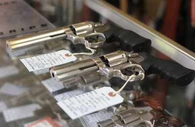 Revolvers are displayed at gun shop in Dundee, Illinois