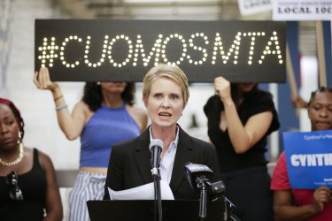 Candidate for governor Cynthia Nixon speaks at Subway Station