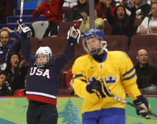 Cahow plays in Sweden vs. USA at the 2010 Vancouver Winter Olympics