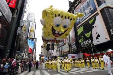 The SpongeBob SquarePants balloon floats down the parade route at the Macy's 84th Annual Thanksgiving Day Parade in New York