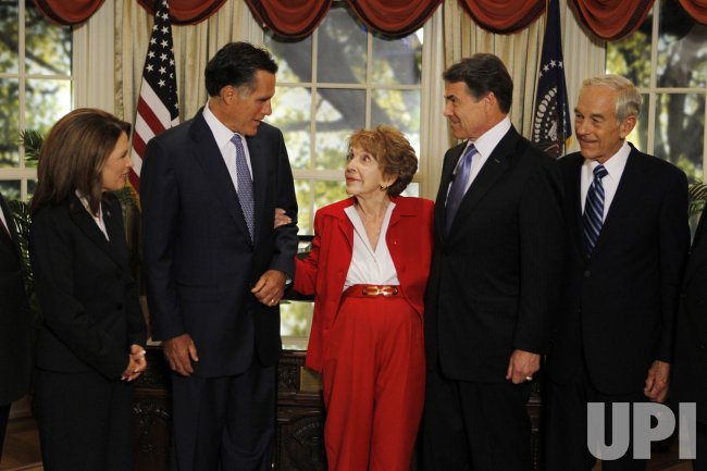 Nancy Reagan greets presidential candidates before the Republican debate at the Ronald Reagan Presidential Library in Simi Valley, California