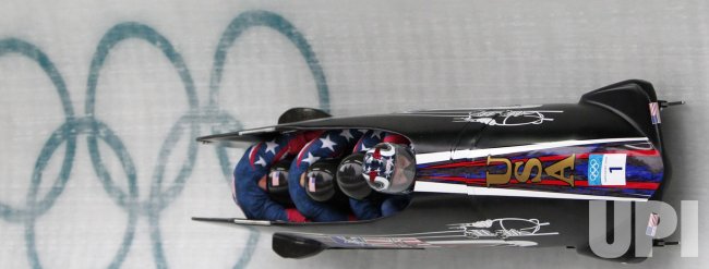 USA four-man bobsleigh team competes at the 2010 Vancouver Winter Olympics