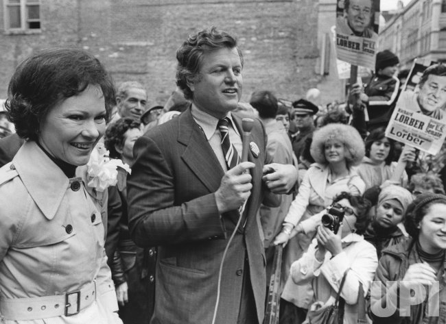 Sen. Edward Kennedy accompanies Mrs. Rosalynn Carter on a campaign stop