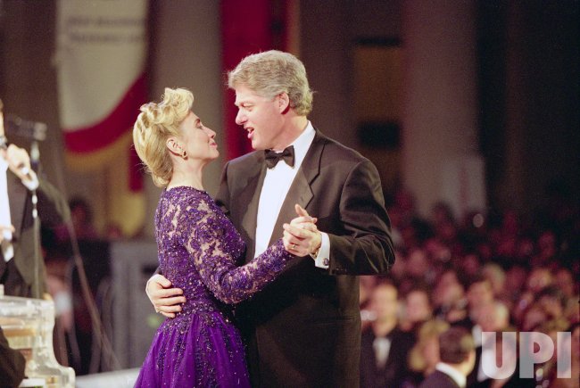 First Lady Hillary Clinton dances with her husband President Bill Clinton