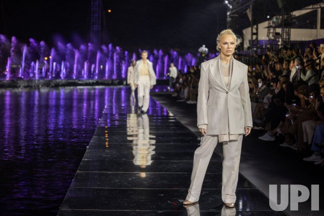 Pamela Anderson walks in the BOSS 2023 Fashion show at the Herald Plaza, Miami,Florida