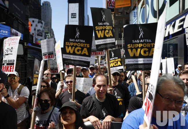 Writers Guild of America Protest in Times Square in New York .