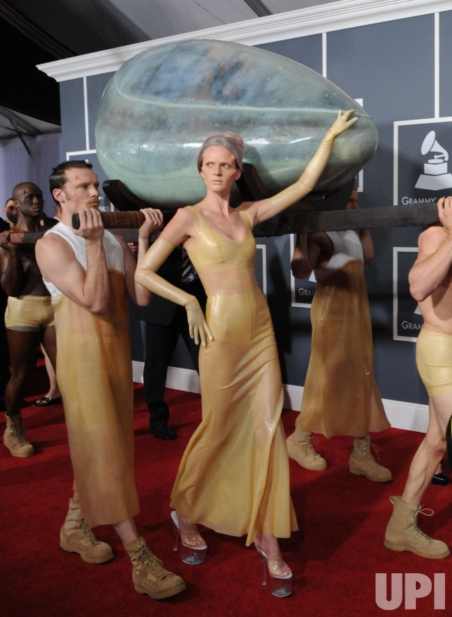 Lady Gaga arrives in an egg-shaped vessel at the 53rd annual Grammy Awards in Los Angeles