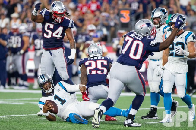 Photo: NFL Preseason Panthers Newton sacked by Patriots - BOS20190822120 