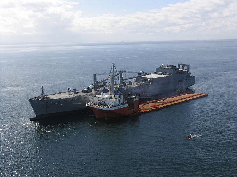 A demonstration of a mobile landing platform in 2005, featuring the USNS Watkins and heavy ship MV Mighty Servant I, courtesy of the Navy Program Executive Office.