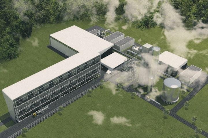 A rendering shows a Carbon Engineering CO2-capture-and-conversion facility. Photo by Carbon Engineering