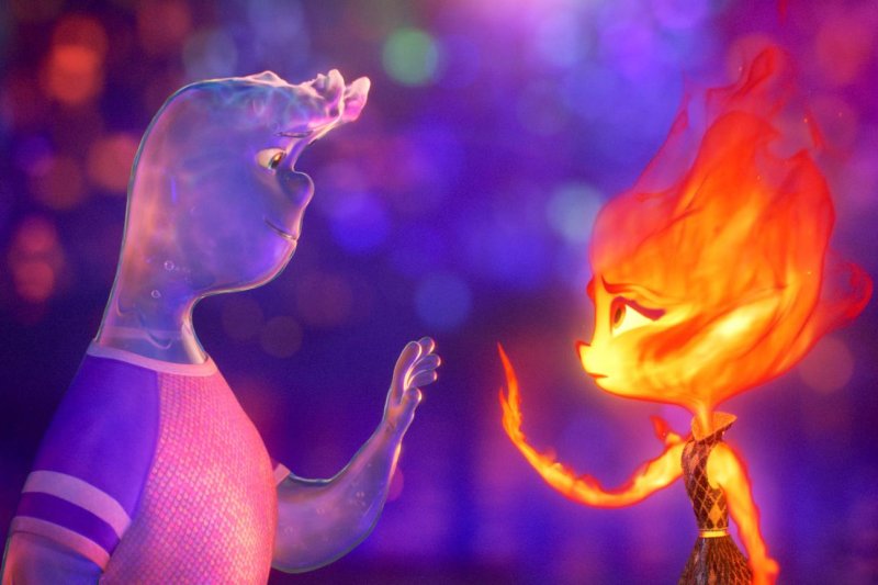 Wade and Ember learn they can still touch even though they're water and fire. Photo courtesy of Disney/Pixar