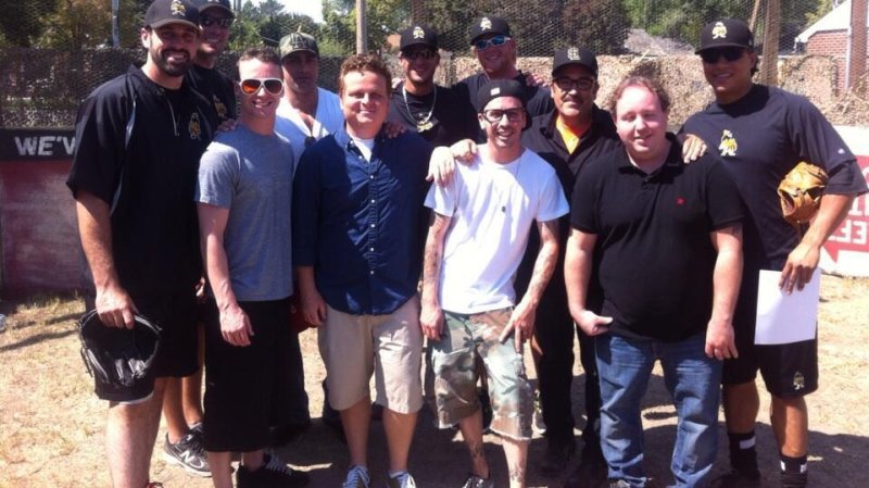 Cast members of "The Sandlot" reunite on the rebuilt movie set in Glendale, Salt Lake City, Utah, with members of the Salt Lake City Bees in July 2013. (Twitter/ESPN)