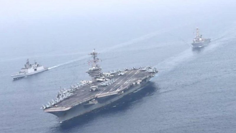 India's navy and air force conducted weekend exercises with the USS Theodore Roosevelt Carrier Strike Group in the Indian Ocean. Photo courtesy of Indian Navy/Twitter