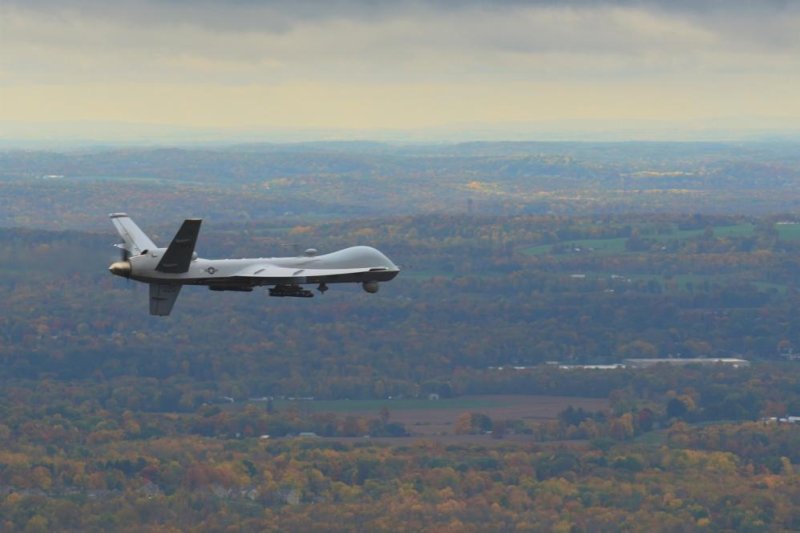 A remotely piloted MQ-9 Reaper operated by the New York Air National Guard’s 174th Attack Wing flies a routine training mission over Central New York on October 23, 2016. Photo by Master Sgt. Eric Miller/U.S. Air National Guard