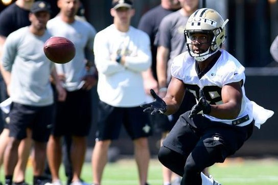 New Orleans Saints rookie running back Boston Scott (pictured) makes a reception during a practice in the offseason. Photo courtesy of <a class="tpstyle" href="https://twitter.com/Saints/status/996762600246595585">New Orleans Saints/Twitter</a>