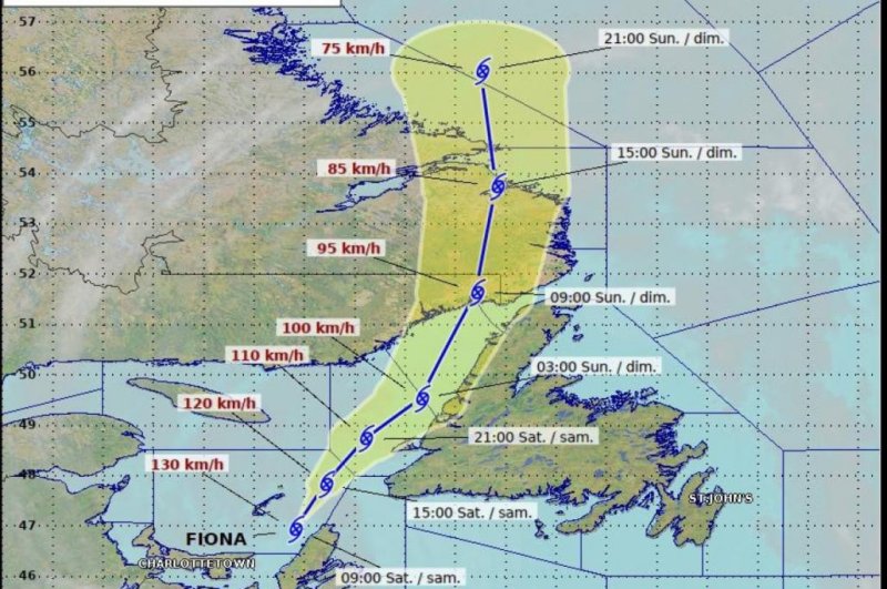 The track and winds of Post-Tropical Storm Fiona as it moves over Canada. Photo by the Canadian Hurricane Center.