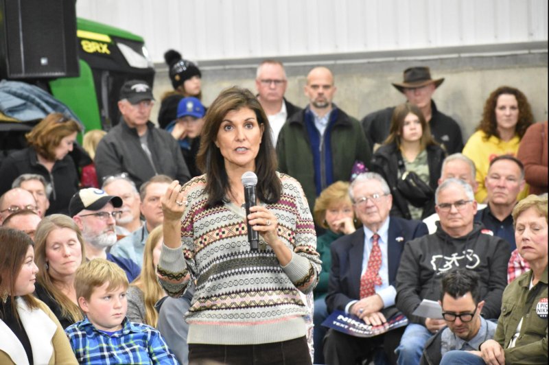 Former U.N. ambassador and Republican presidential candidate Nikki Haley speaks at a town hall in rural Waukee, Iowa, on Sunday. Photo by Joe Fisher/UPI