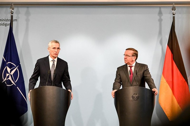 German Defense Minister Boris Pistorius (R) and NATO Secretary General Jens Stoltenberg attend a press conference at the defense ministry in Berlin, Germany, on Tuesday. Photo by Filip Singer/EPA-EFE