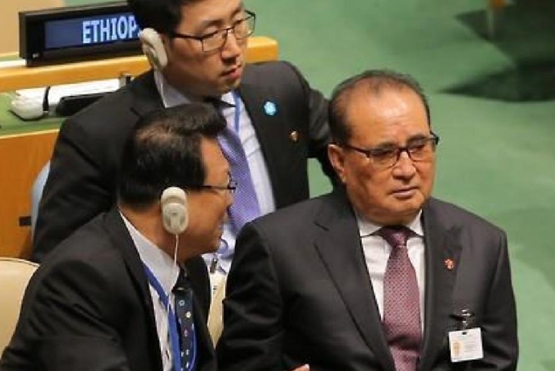 North Korea’s Foreign Minister Ri Su Yong, right, said in his speech at a U.N. summit on Sunday the United States is hurting North Korea with sanctions. Photo by Yonhap