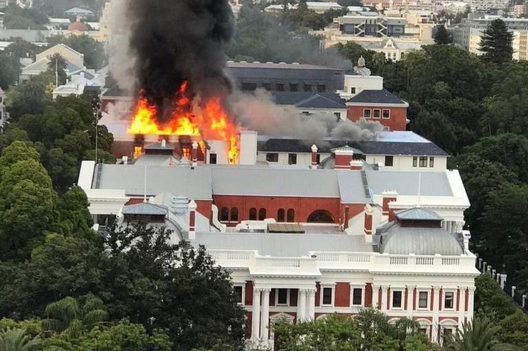 A large fire caused significant damage to buildings in South Africa’s parliament complex in Cape Town on Sunday morning. Photo courtesy Parliament of the Republic of South Africa/Twitter