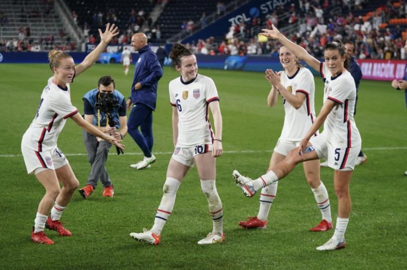 Members of the United States Women's National Team cheer on teammate Rose Lavelle (16) during an 8-0 win over Paraguay in an international soccer friendly Tuesday in Cincinnati. Photo by USWNT/Twitter