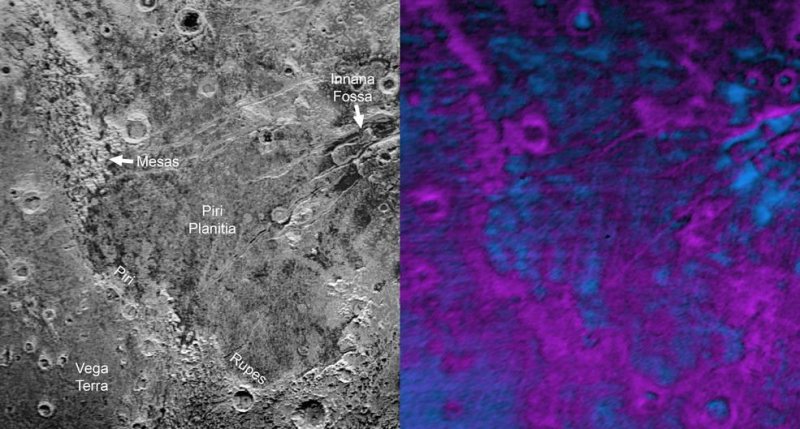 The false color image on the right shows the higher concentrations of methane ice in purple. Photo by NASA/JHUAPL/SwRI